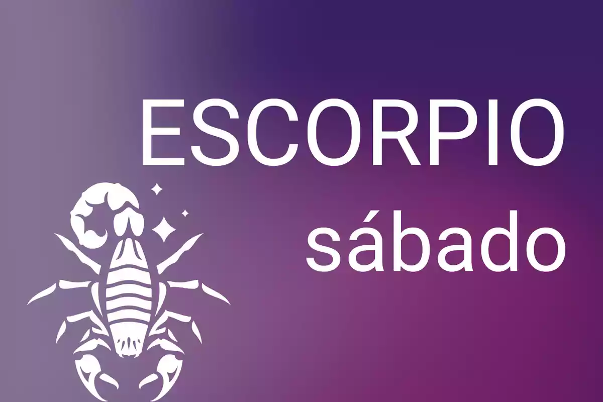 Imagen con fondo degradado morado que muestra la palabra Escorpio en grande, la palabra sábado y un dibujo blanco de un escorpión.