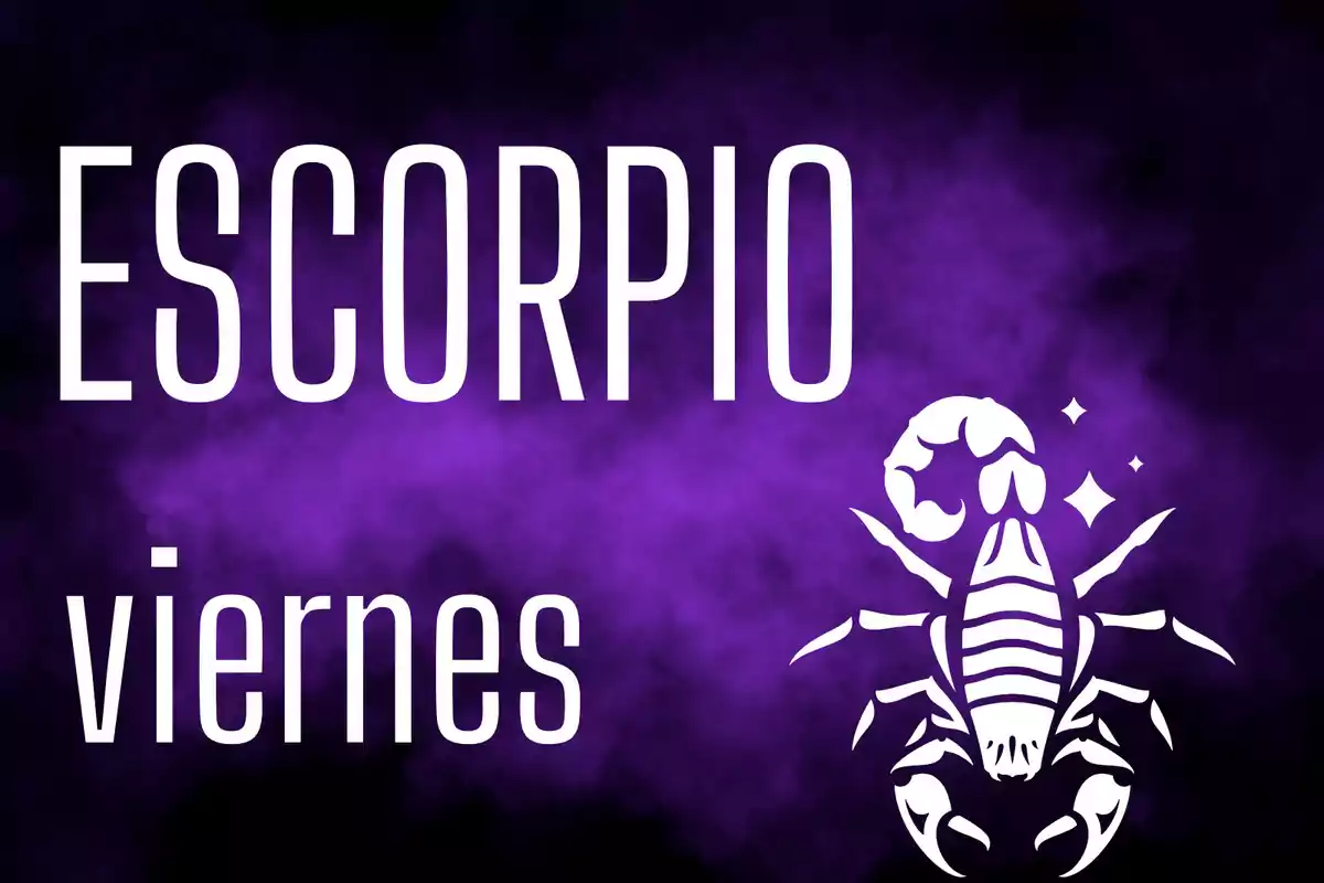 Fondo morado con la palabra Escorpio, viernes y la silueta de un escorpión blanco