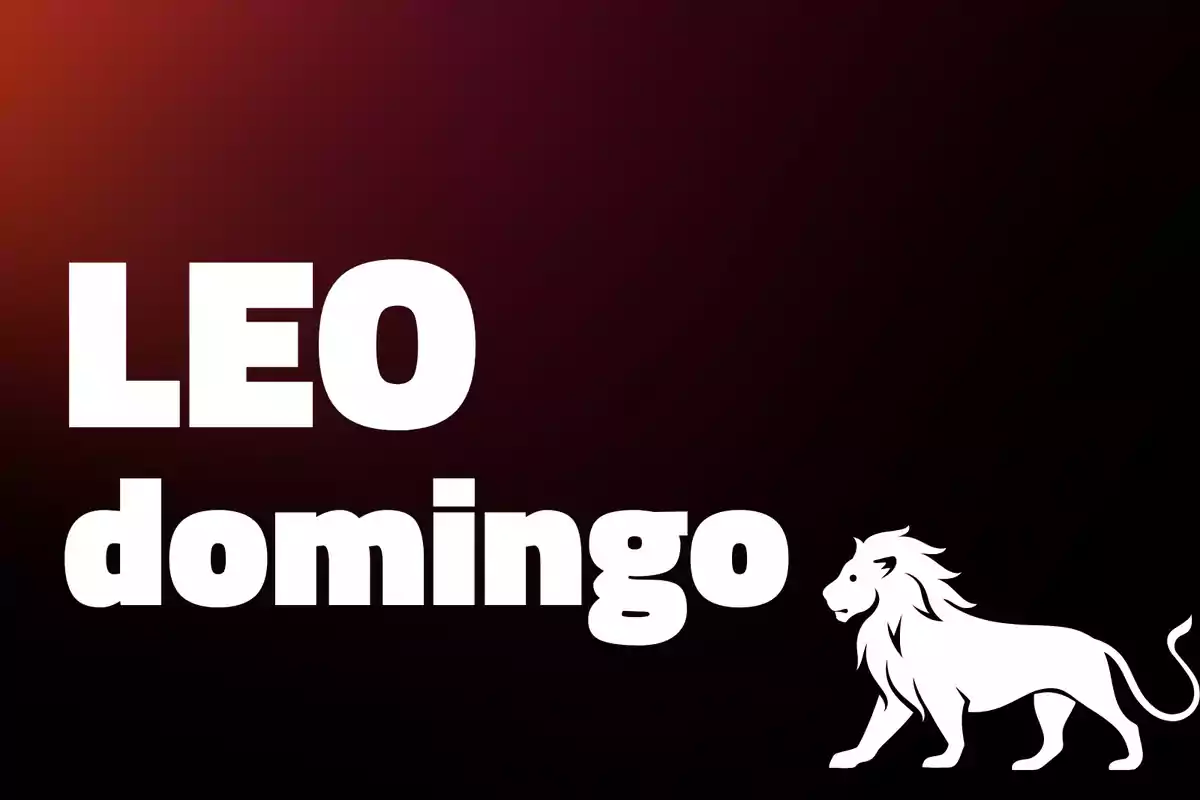 Fondo degradado oscuro con las palabras LEO domingo en letras grandes y un dibujo de un león blanco a la derecha