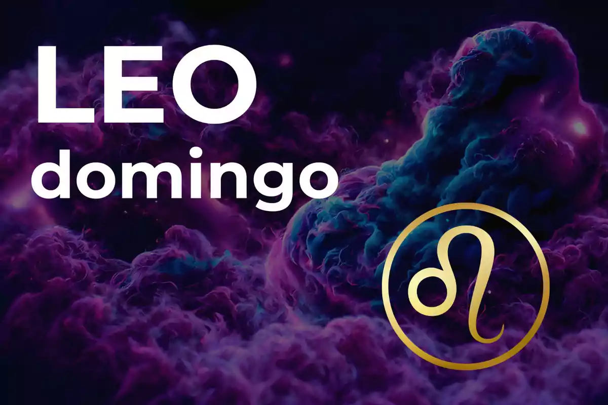 Imagen con fondo de nubes moradas y azules, texto grande que dice LEO domingo y el símbolo dorado del signo zodiacal Leo.