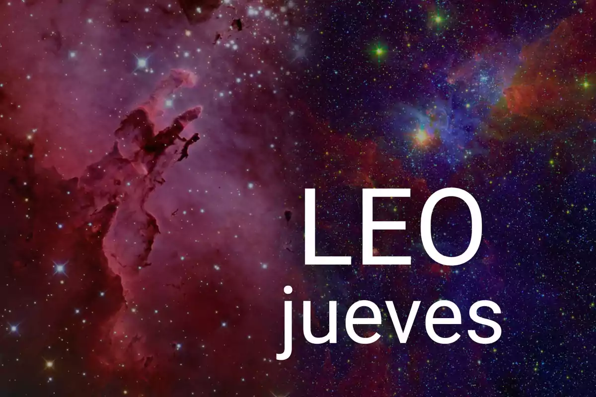 Fondo de galaxia colorida con la palabra LEO y jueves en letras blancas