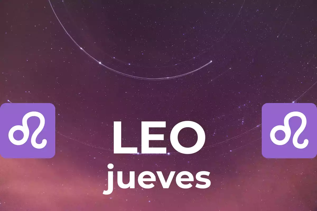 Fondo de cielo estrellado con el texto LEO jueves y dos símbolos del signo Leo en color morado