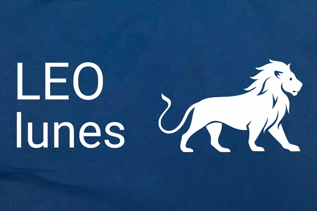 Fondo azul con la palabra LEO y lunes junto a la silueta de un león blanco