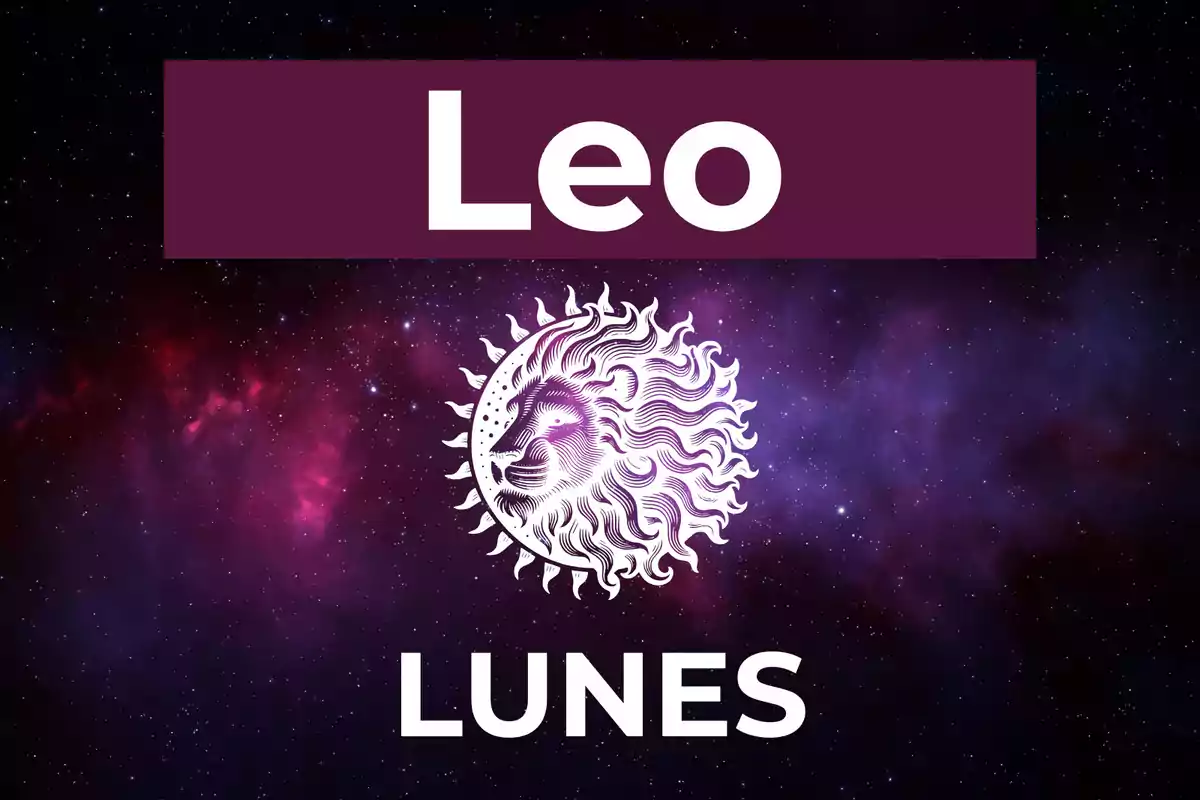 Imagen con fondo de galaxia, el texto Leo en la parte superior, un símbolo de león en el centro y la palabra Lunes en la parte inferior.