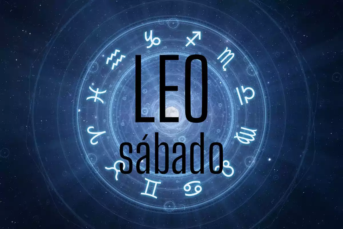Horóscopo de Leo para el sábado con símbolos zodiacales en un fondo azul cósmico