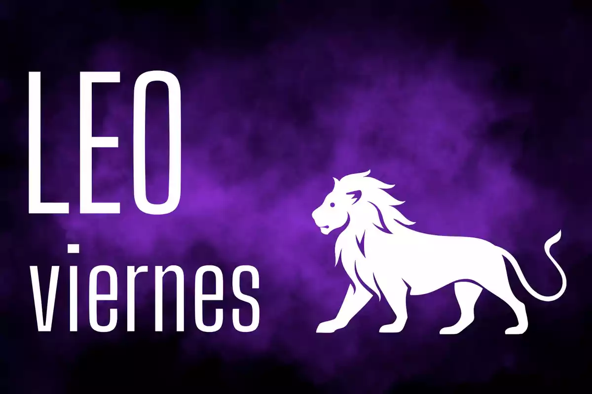 Fondo morado con la palabra LEO, la palabra viernes y la silueta de un león blanco