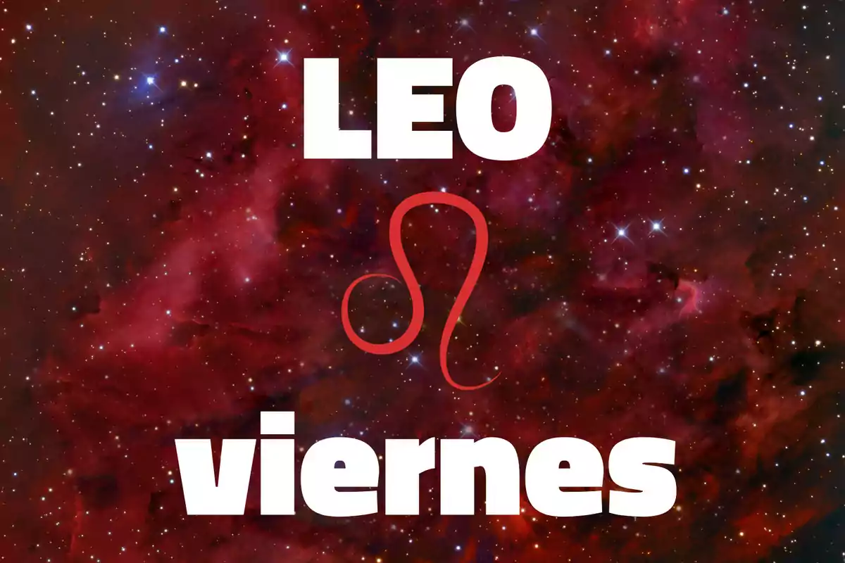 Fondo de galaxia roja con la palabra LEO en la parte superior, el símbolo zodiacal de Leo en el centro y la palabra viernes en la parte inferior