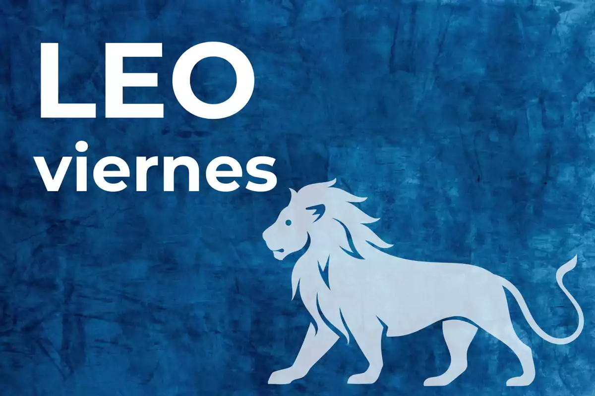 Fondo azul con la palabra LEO, la palabra viernes y la silueta de un león blanco