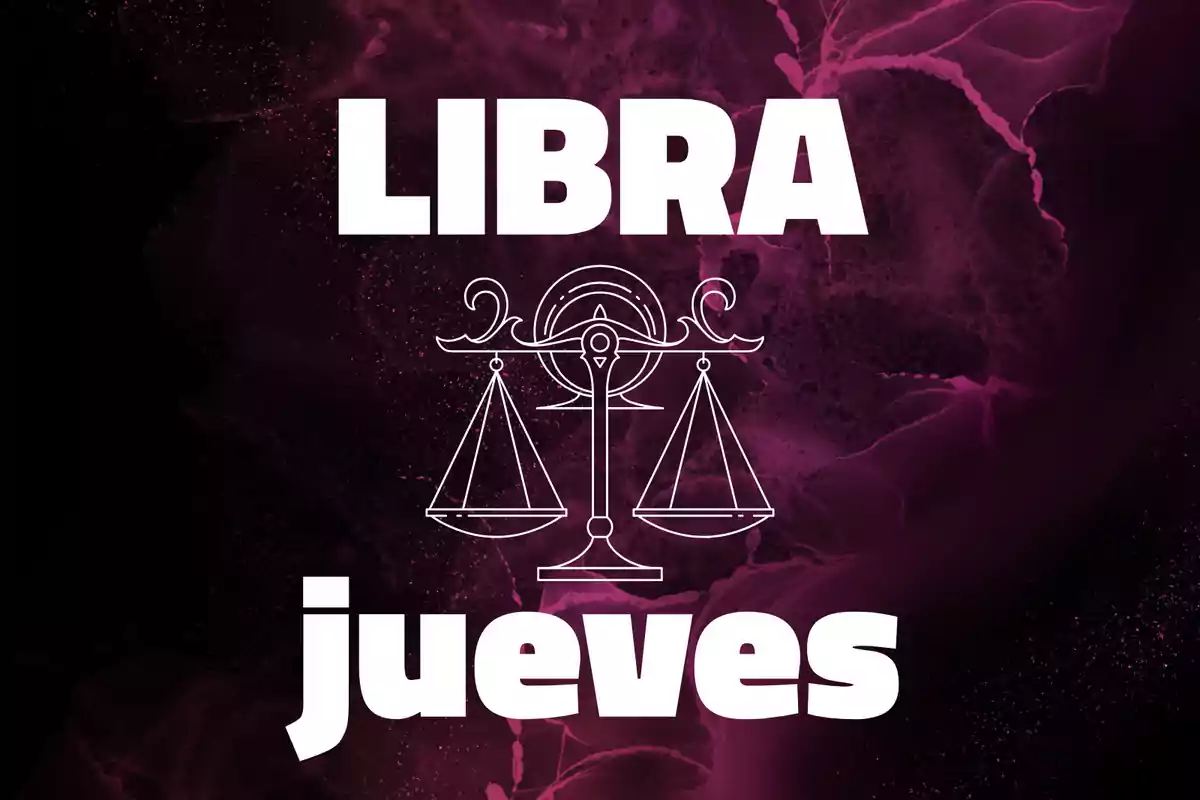 Fondo morado con la palabra LIBRA en la parte superior, una balanza en el centro y la palabra jueves en la parte inferior.