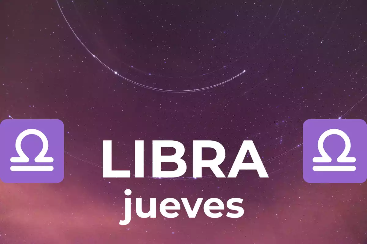 Fondo de cielo estrellado con el texto Libra jueves y dos símbolos del signo zodiacal Libra en color morado a los lados