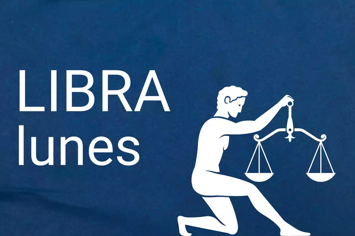 Ilustración de una figura humana sosteniendo una balanza junto al texto LIBRA lunes sobre fondo azul