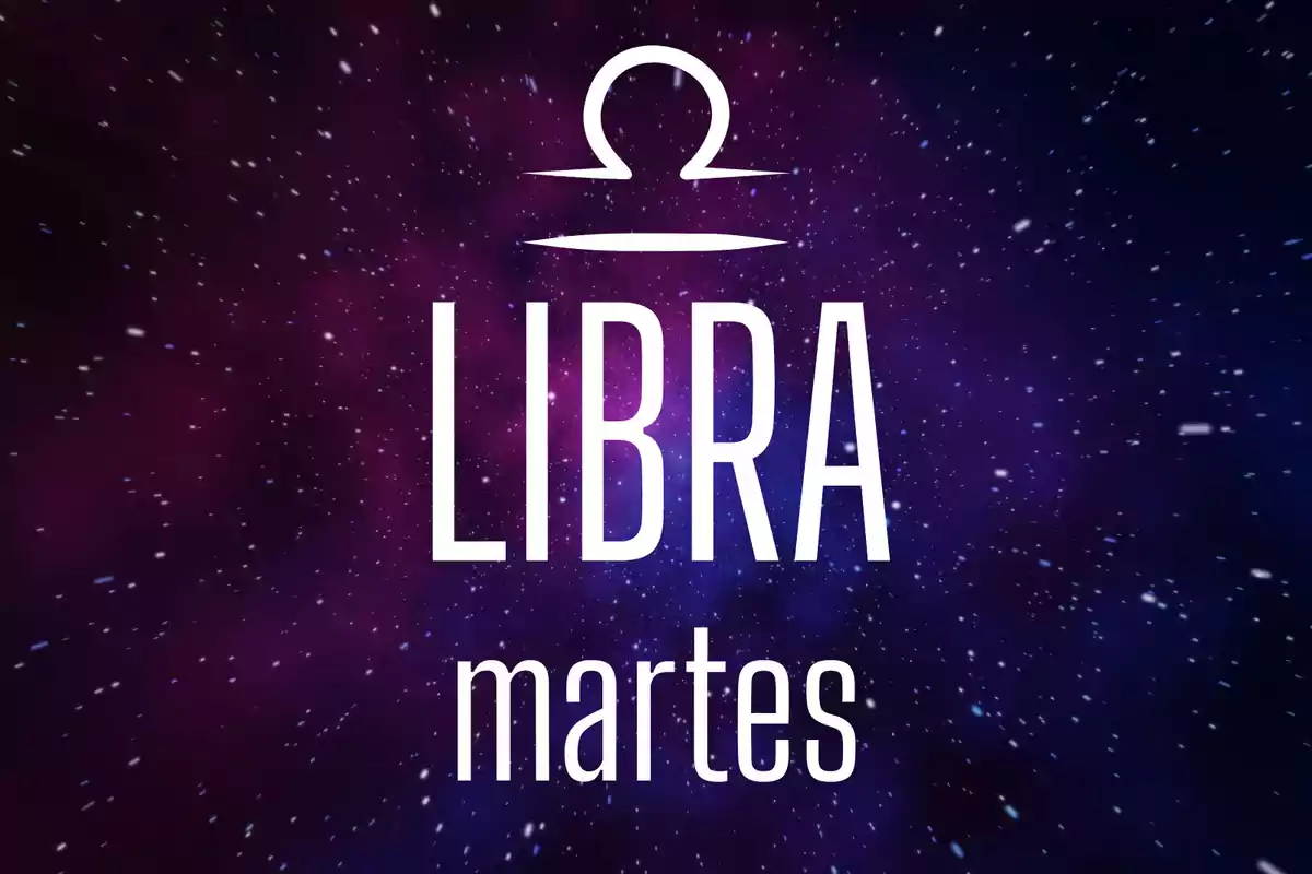Fondo estrellado en tonos morados con el símbolo de Libra y las palabras Libra martes en el centro