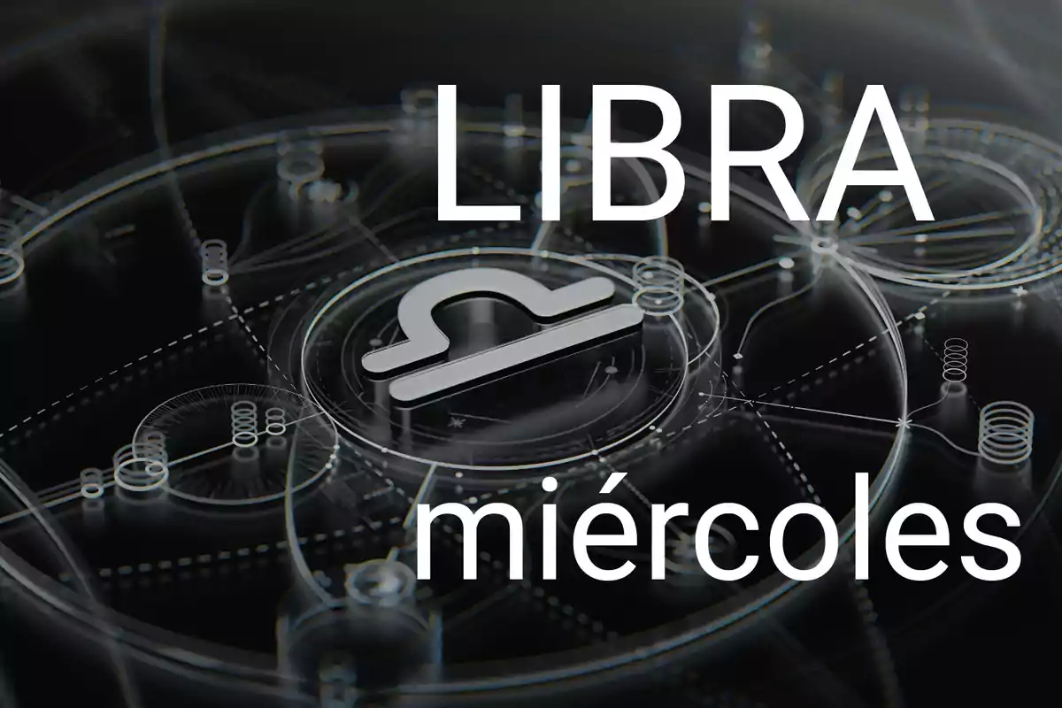 Símbolo del signo zodiacal Libra con las palabras Libra y miércoles sobre un fondo oscuro con patrones geométricos.