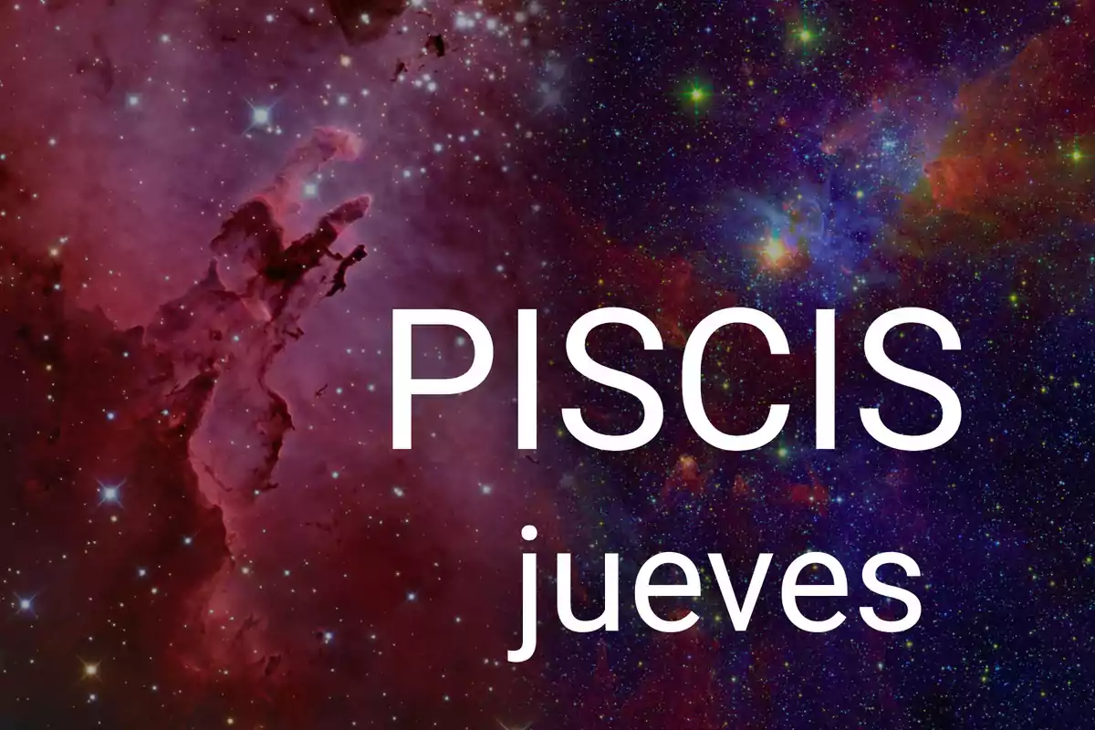 Fondo de galaxia colorida con las palabras Piscis jueves en letras grandes blancas