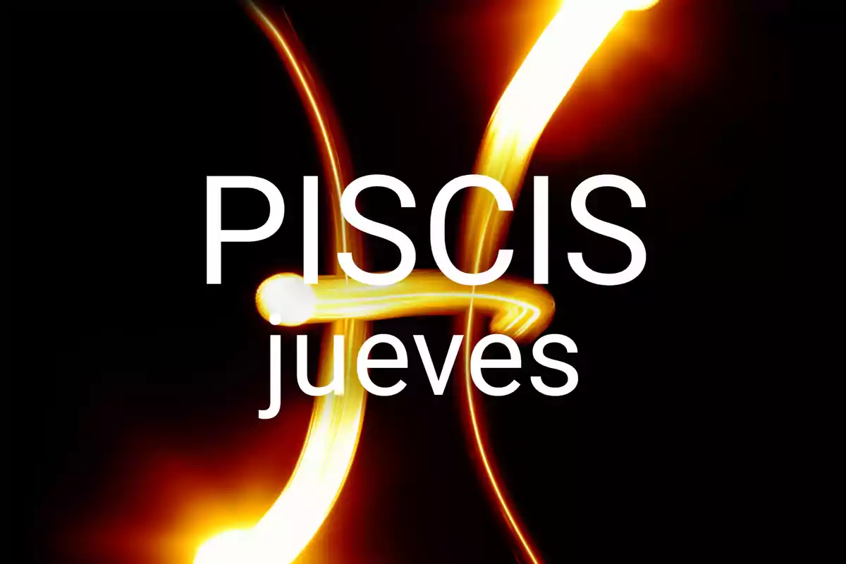 Fondo negro con el símbolo de Piscis en luz amarilla y las palabras Piscis jueves en letras blancas al centro