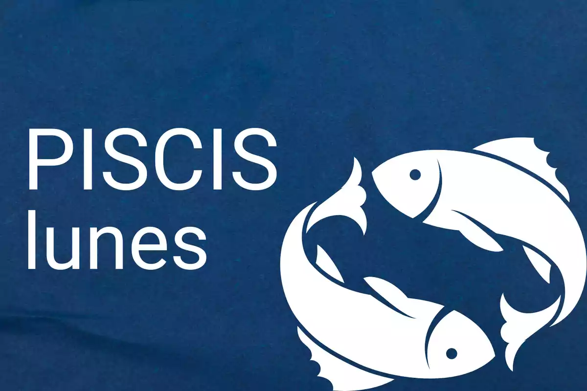 Fondo azul con el texto Piscis lunes y el símbolo de dos peces blancos entrelazados