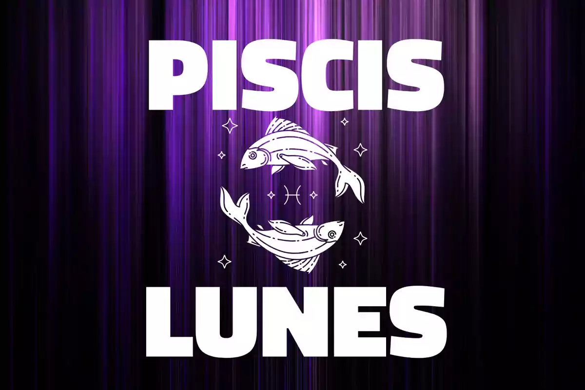 Fondo morado con líneas verticales, dos peces dibujados en el centro y las palabras Piscis y Lunes en letras grandes blancas.