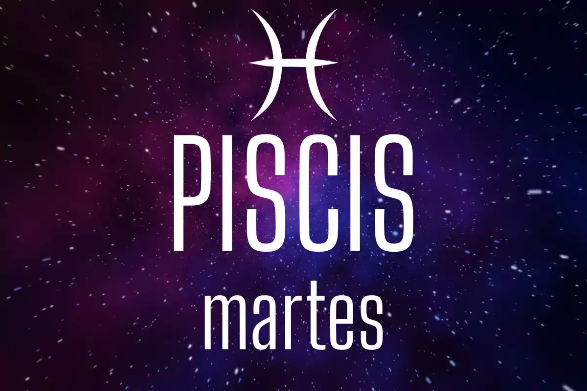 Fondo estrellado con el símbolo de Piscis y las palabras Piscis martes en el centro