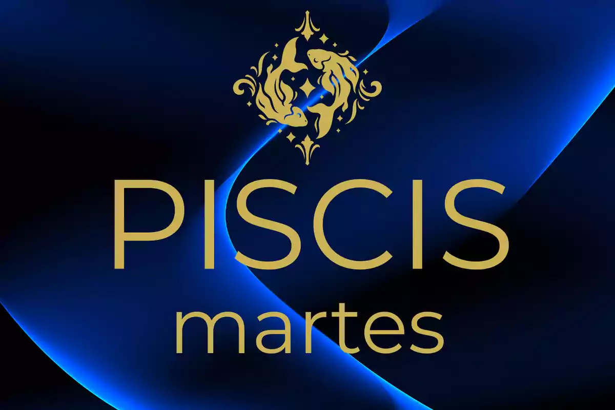 Fondo azul con líneas onduladas y el texto Piscis martes en letras doradas junto a un símbolo dorado de dos peces.