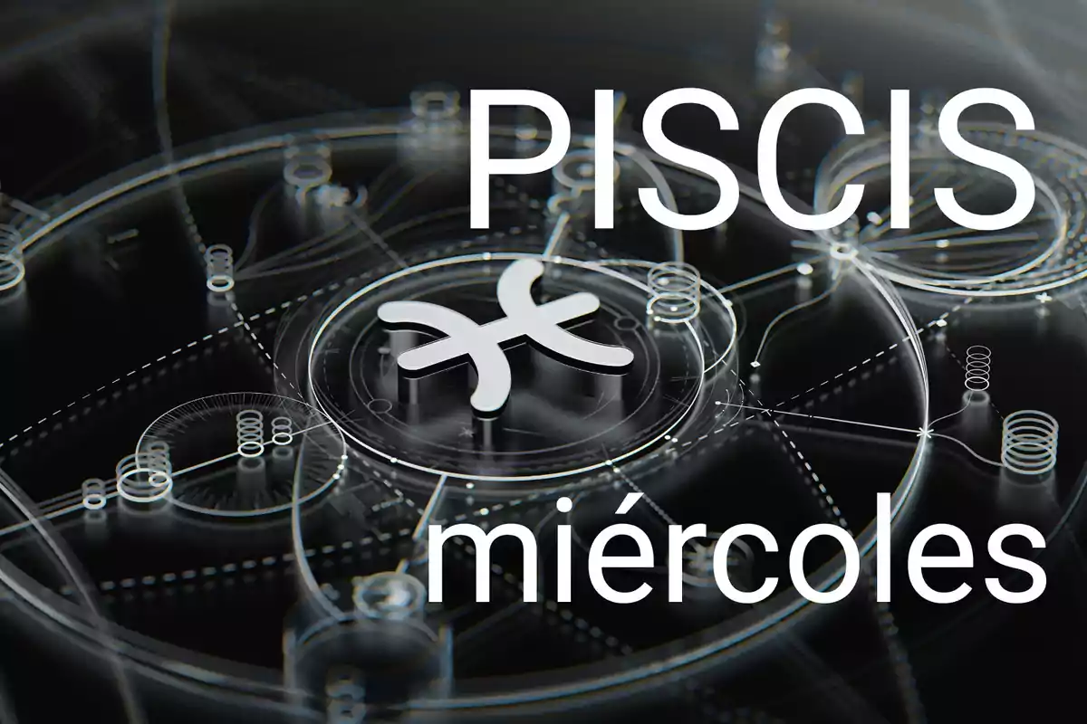 Símbolo de Piscis en el centro de un fondo oscuro con líneas y círculos, acompañado de las palabras Piscis y miércoles en letras grandes blancas