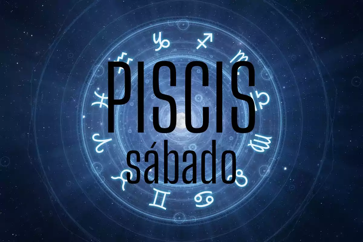Horóscopo de Piscis para el sábado con fondo de signos zodiacales en tonos azules