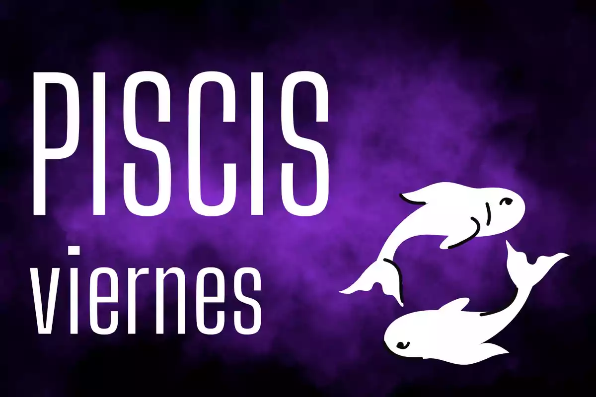 Fondo morado con la palabra Piscis, viernes y dos peces blancos dibujados