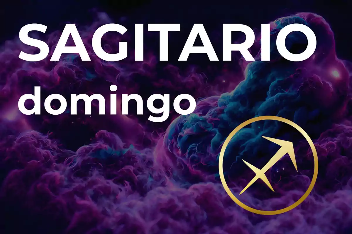 Imagen con fondo de nubes moradas y azules, texto Sagitario domingo en letras grandes y símbolo dorado del signo Sagitario.