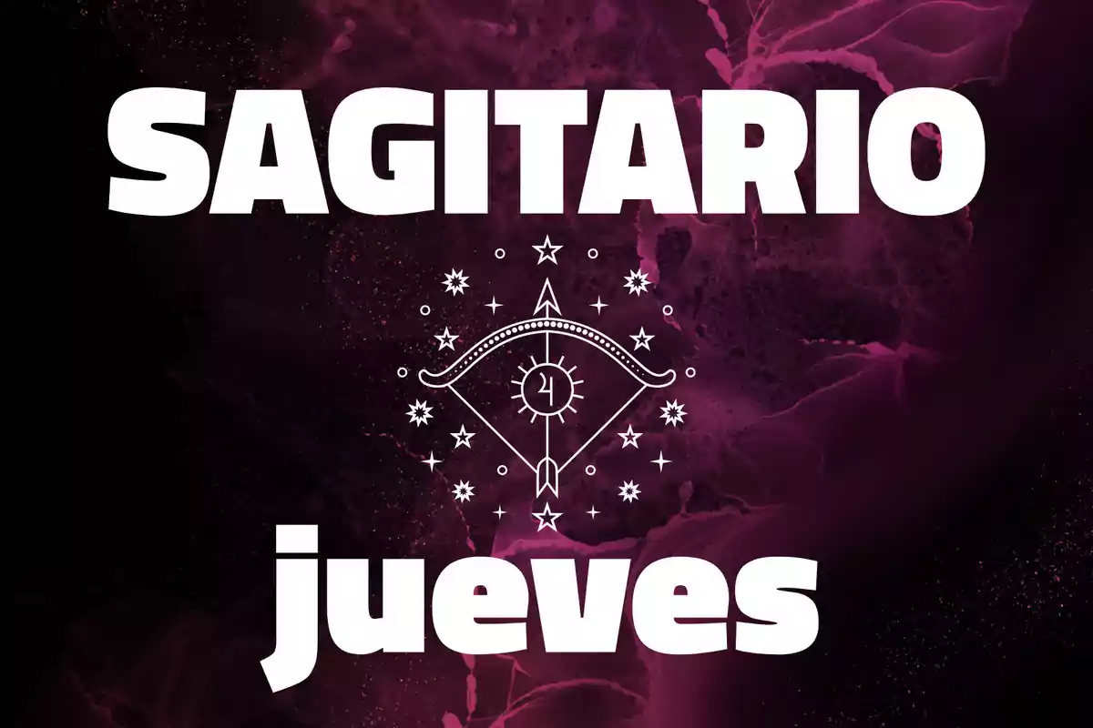 Imagen con fondo púrpura que muestra la palabra Sagitario en la parte superior, un diseño de arco y flecha en el centro y la palabra jueves en la parte inferior