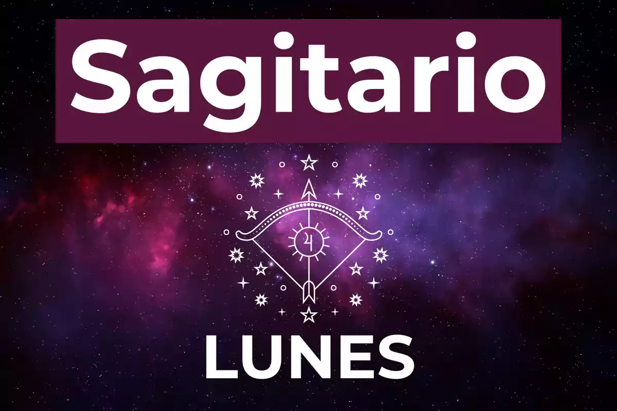 Imagen con fondo de galaxia, el texto Sagitario en la parte superior, un símbolo astrológico en el centro y la palabra Lunes en la parte inferior.