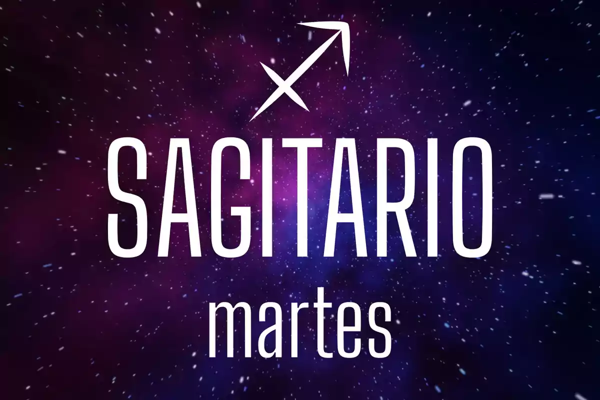 Fondo estrellado con el símbolo de Sagitario y las palabras Sagitario martes en el centro