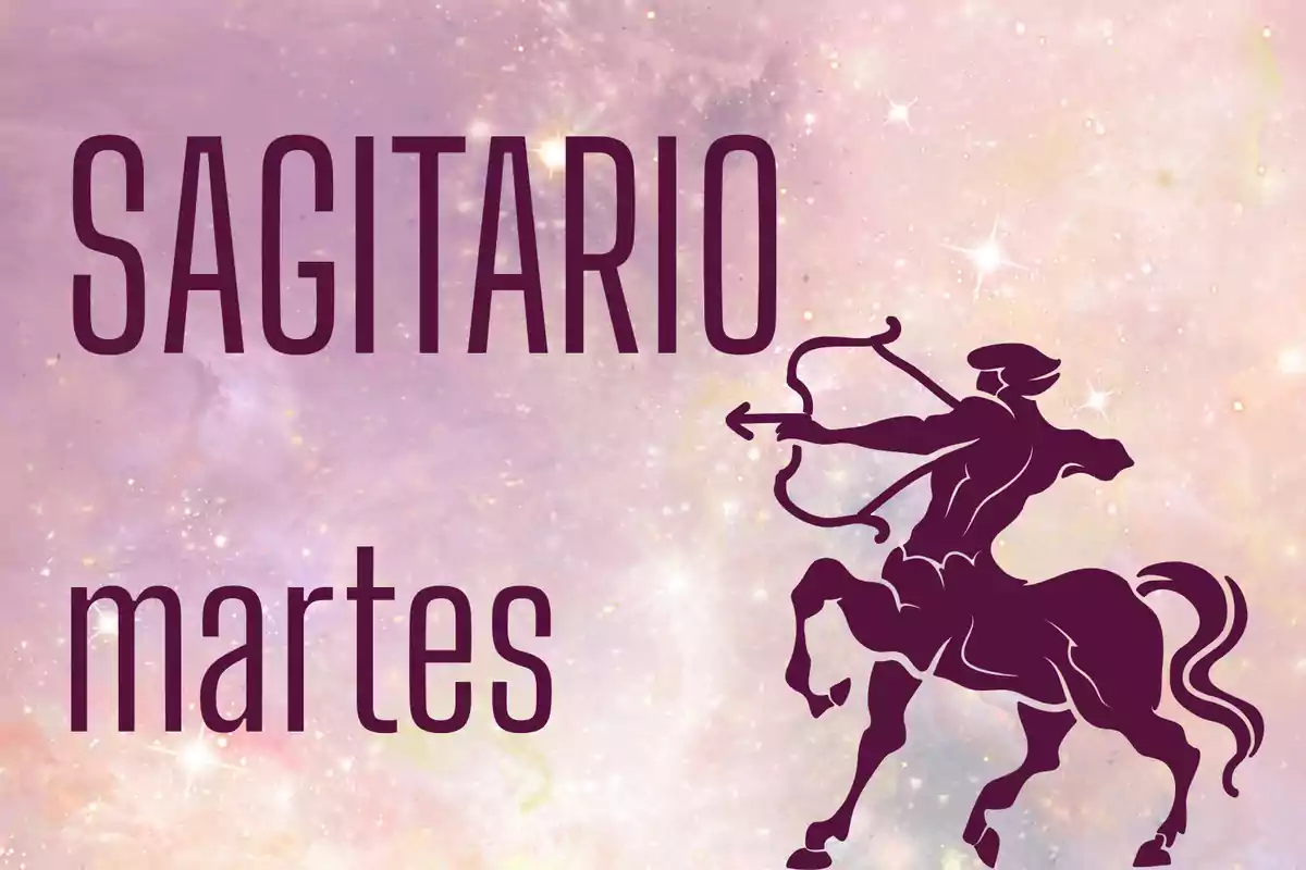 Imagen con fondo de estrellas y tonos rosados que muestra la palabra Sagitario, el día martes y la silueta de un centauro con arco y flecha