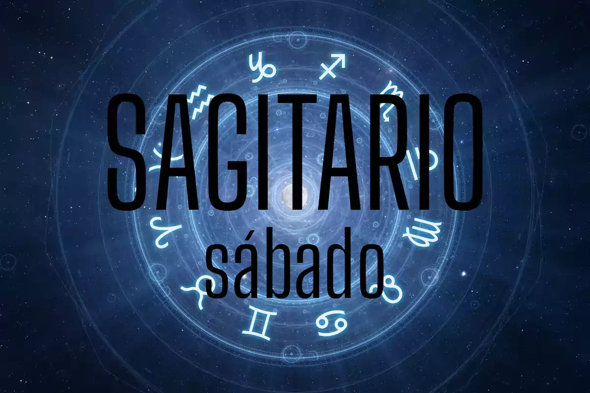 Fondo azul oscuro con símbolos zodiacales y las palabras Sagitario y sábado en el centro
