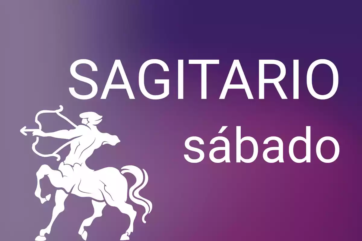 Sagitario sábado con ilustración de un centauro con arco sobre fondo degradado púrpura