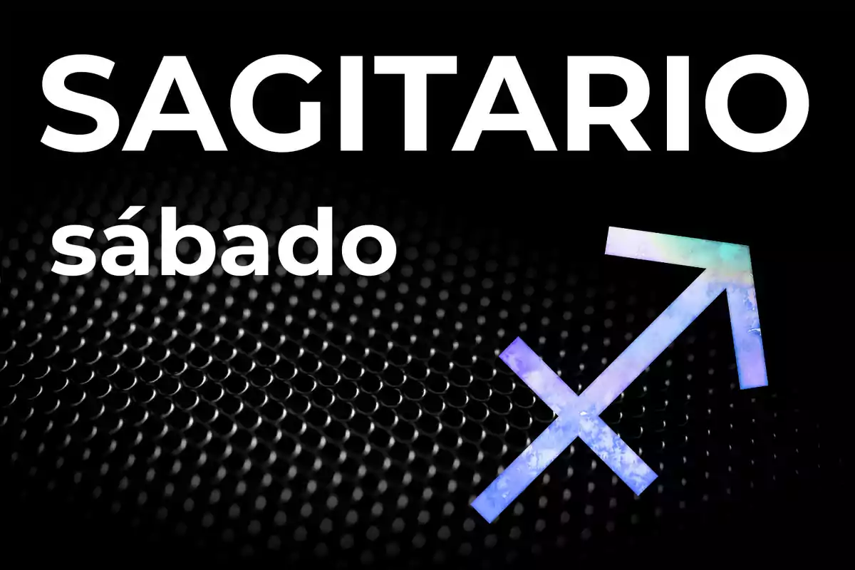 Imagen con fondo negro y patrón de puntos, texto Sagitario y sábado en letras blancas y símbolo del signo Sagitario en colores azul y verde.