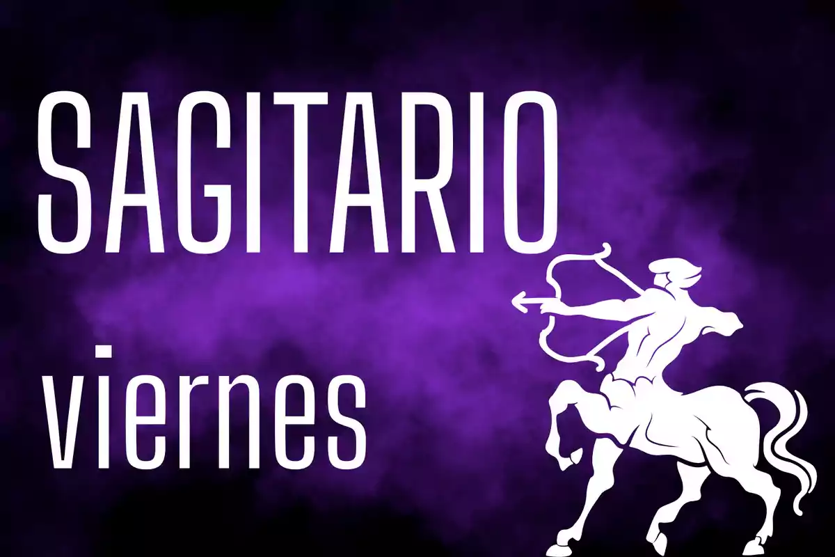 Fondo morado con la palabra Sagitario en grande, viernes en letras más pequeñas y la silueta de un centauro con arco y flecha.