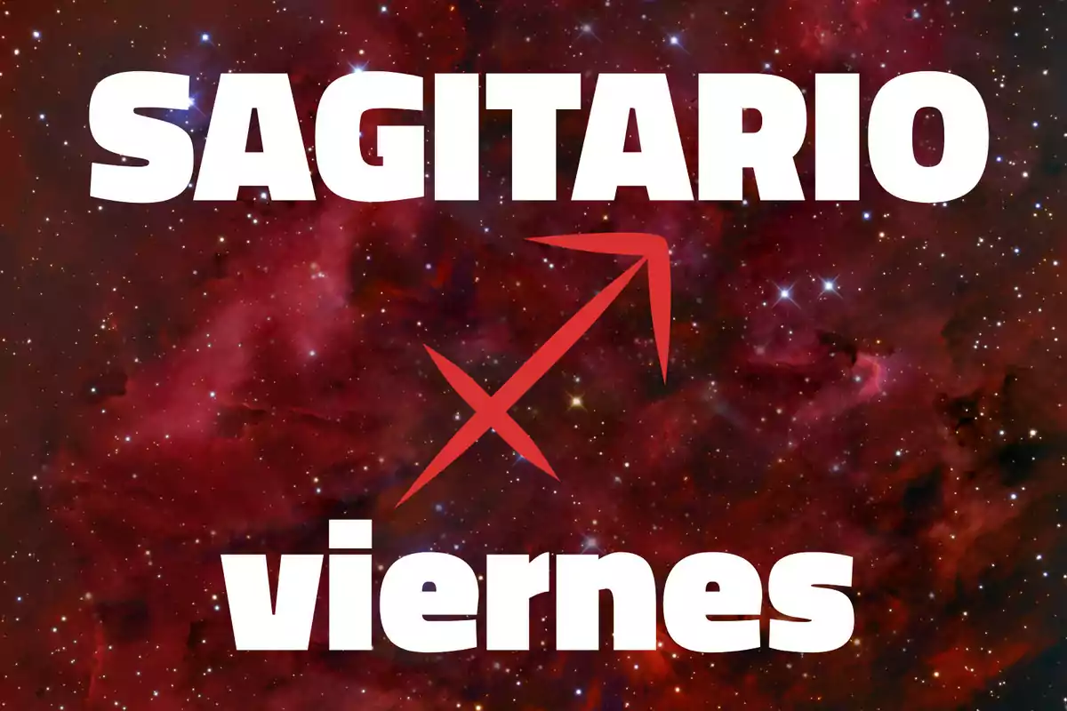 Fondo de galaxia con la palabra Sagitario en grande, el símbolo del signo y la palabra viernes en la parte inferior