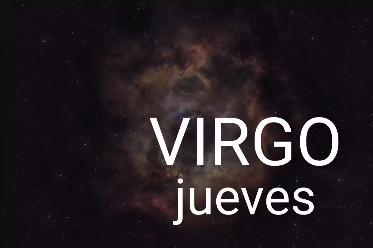 Fondo de estrellas con la palabra VIRGO y jueves en letras grandes blancas