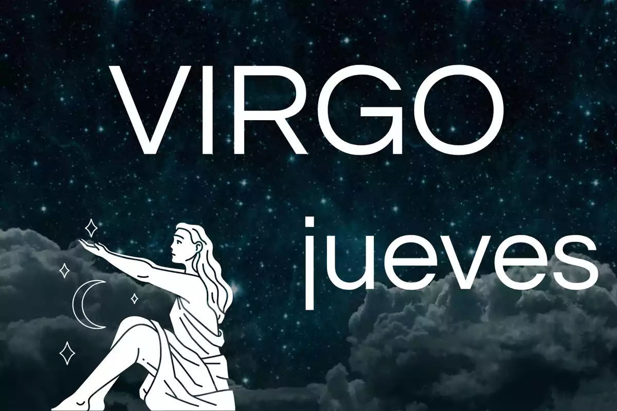 Fondo de cielo estrellado con nubes, el texto VIRGO y jueves en letras grandes y una ilustración de una mujer sentada con símbolos de estrellas y luna.