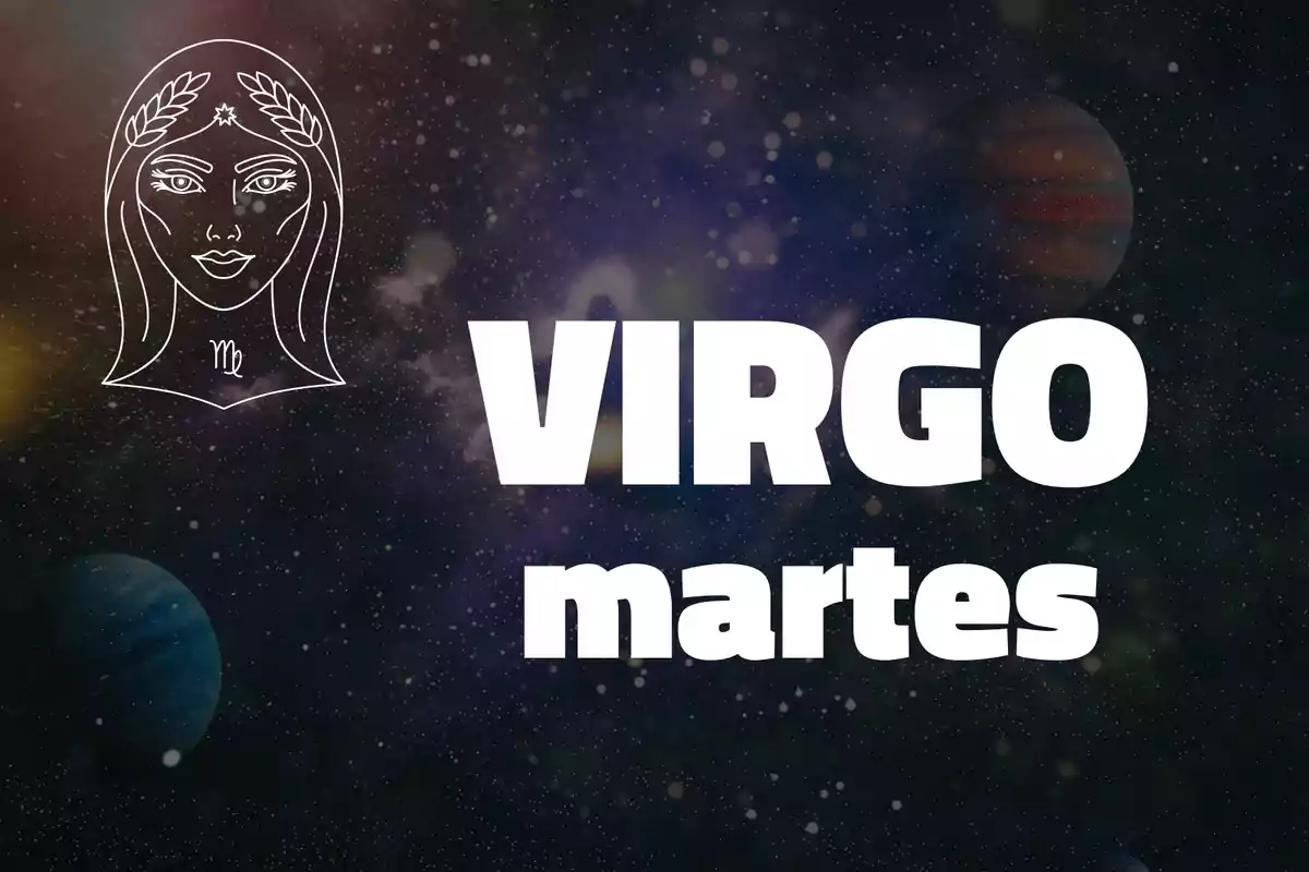 Ilustración de un rostro femenino con el símbolo de Virgo y el texto VIRGO martes sobre un fondo de galaxia.