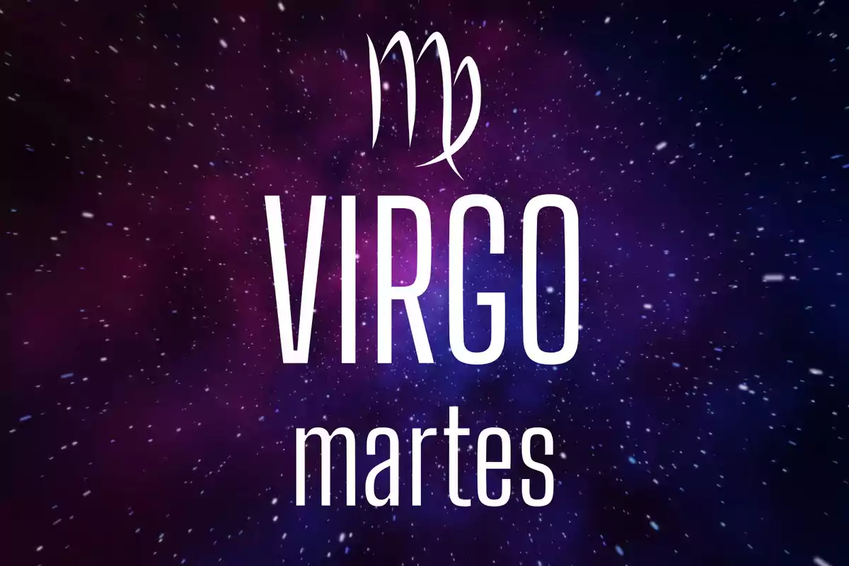 Fondo estrellado con el símbolo de Virgo y las palabras Virgo martes en el centro