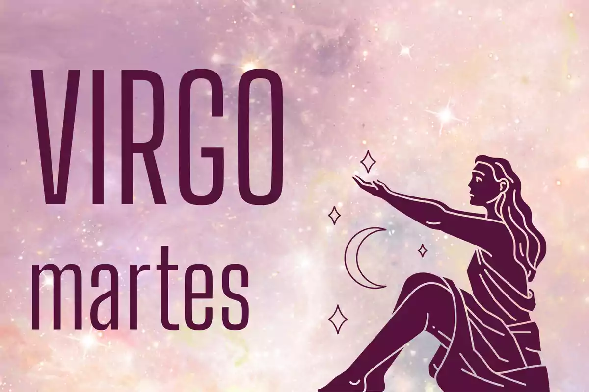 Ilustración de una figura femenina sentada con el brazo extendido, acompañada de la palabra Virgo y el día martes sobre un fondo de estrellas y tonos pastel.