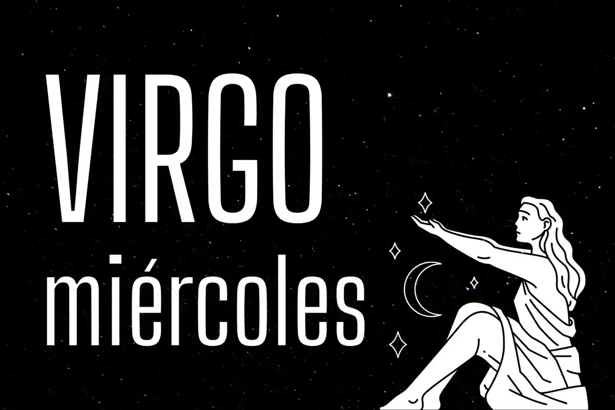 Fondo estrellado con la palabra Virgo y miércoles junto a la ilustración de una mujer sentada con el brazo extendido rodeada de estrellas y una luna