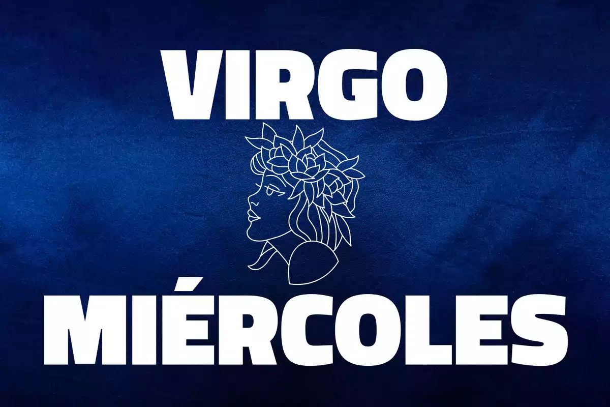Fondo azul con la palabra Virgo en la parte superior, un dibujo de perfil de una mujer con flores en la cabeza en el centro y la palabra Miércoles en la parte inferior.