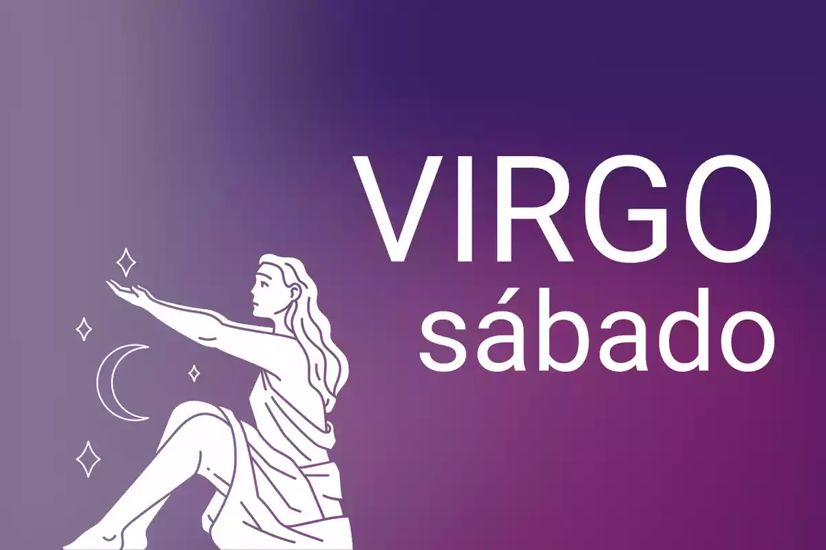 Ilustración de una figura femenina sentada con el brazo extendido junto a estrellas y una luna sobre un fondo degradado morado con el texto Virgo sábado