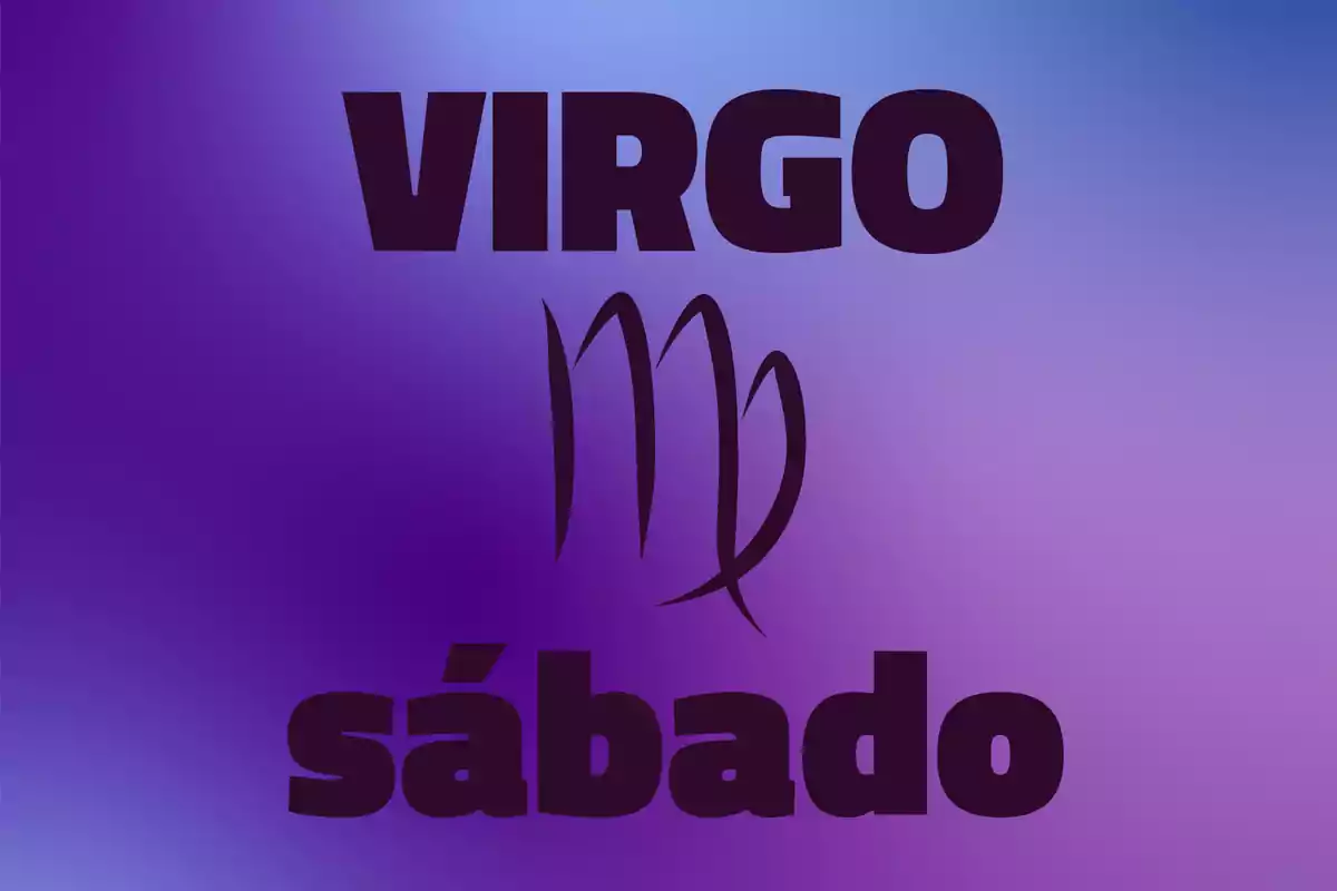 Fondo degradado morado con la palabra Virgo en la parte superior, el símbolo del signo en el centro y la palabra sábado en la parte inferior