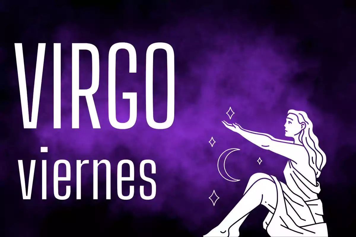 Fondo morado con la palabra Virgo y viernes junto a una ilustración de una mujer sentada con estrellas y una luna