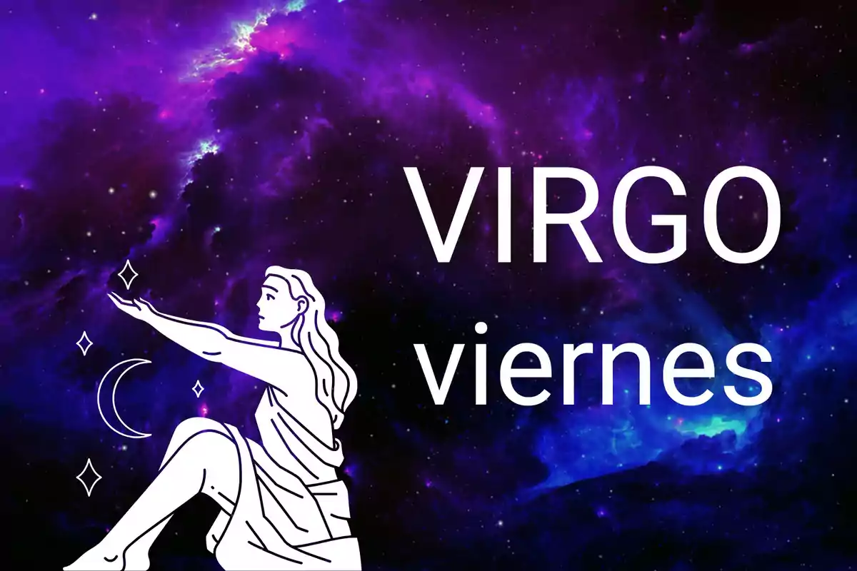 Fondo de galaxia en tonos morados con la palabra VIRGO y viernes junto a una ilustración de una mujer sentada con estrellas y una luna.