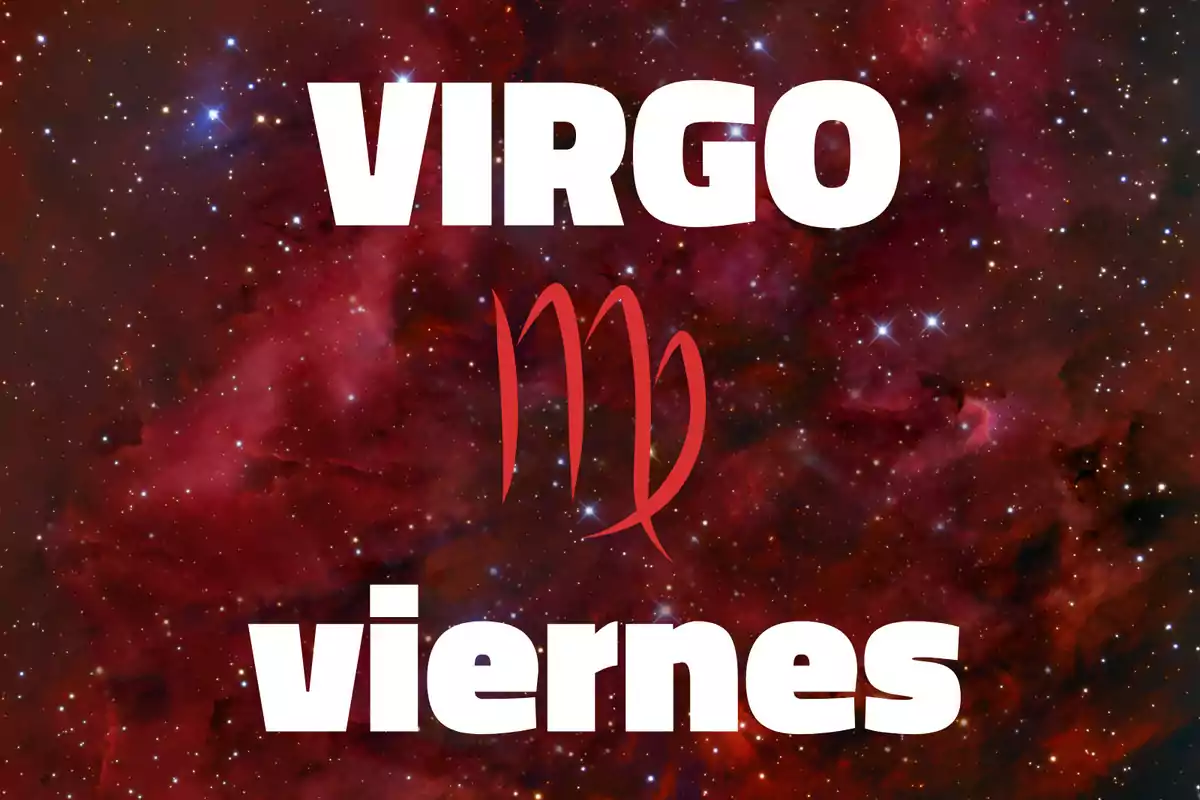 Fondo de galaxia roja con la palabra Virgo en la parte superior, el símbolo del signo en el centro y la palabra viernes en la parte inferior.