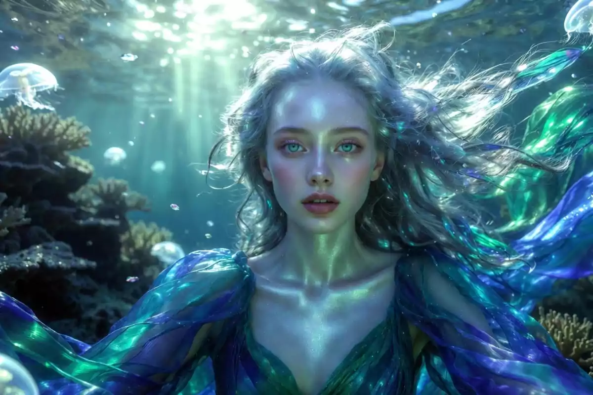 Mujer de aspecto etéreo con cabello plateado y vestido azul verdoso bajo el agua rodeada de medusas y corales iluminada por rayos de luz que atraviesan la superficie
