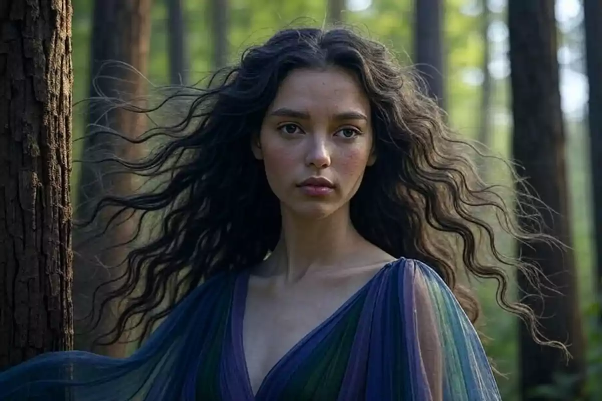 Mujer de cabello rizado y largo con vestido azul y verde en un bosque iluminado por la luz natural